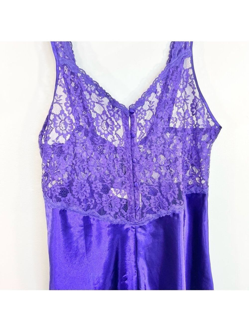 Vintage 80s 90s purple satin sheer lace bodice romper teddy negligee lingerie L - Picture 7 of 15